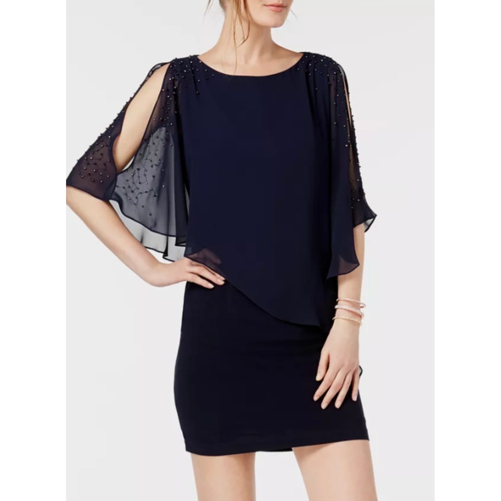 X BY XSCAPE Black Beaded Chiffon Capelet Cocktail Dress XC136 Size 14 NEW